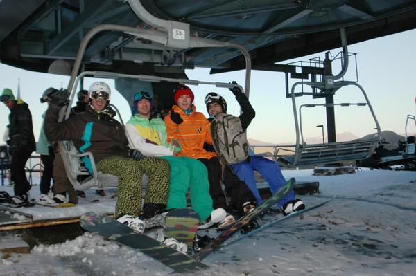 Snowboarders on Coronet Express chairlift for the first time this season